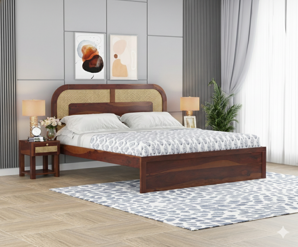 Hester Solid Sheesham Wood Cane Bed – Multiple Sizes & Storage Options