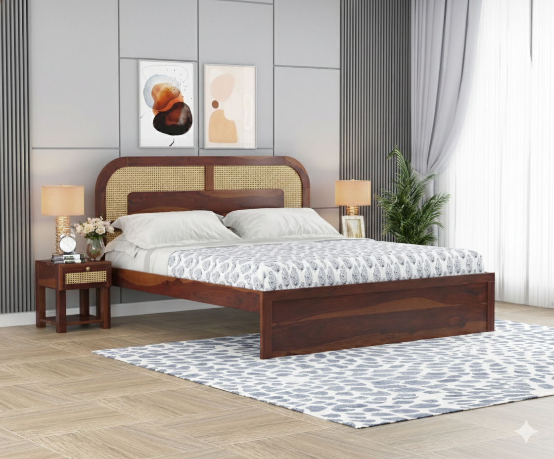 Hester Solid Sheesham Wood Cane Bed – Multiple Sizes & Storage Options